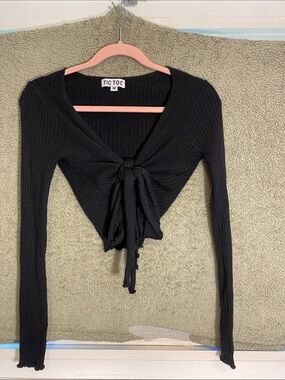 Tic Toc Black Ribbed Tie-Front Long Sleeve Crop Top - Women's